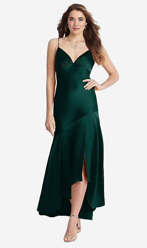 Front View - Evergreen Asymmetrical Drop Waist High-Low Slip Dress - Devon