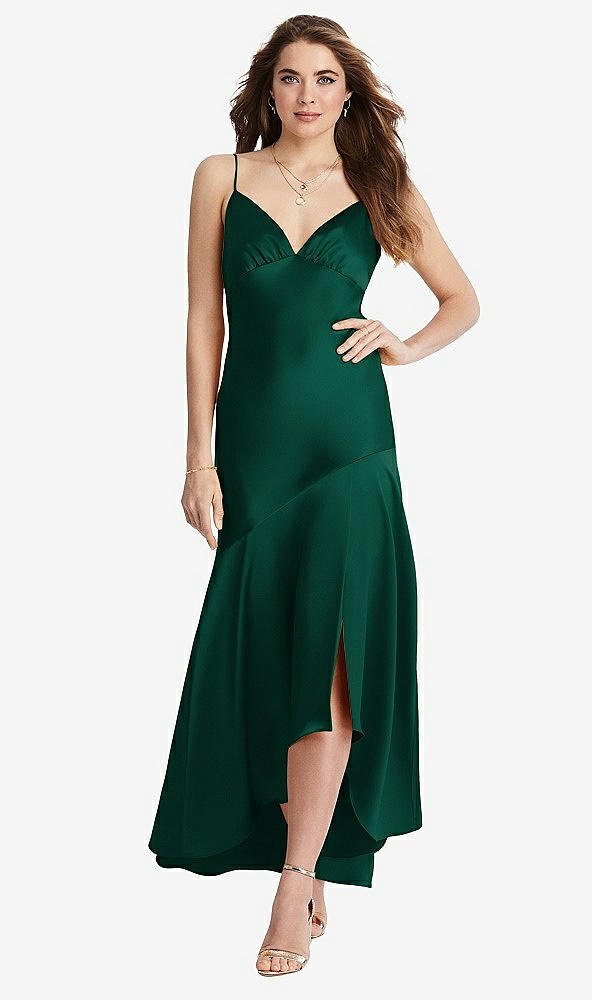 Front View - Hunter Green Asymmetrical Drop Waist High-Low Slip Dress - Devon