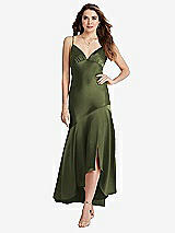 Front View Thumbnail - Olive Green Asymmetrical Drop Waist High-Low Slip Dress - Devon