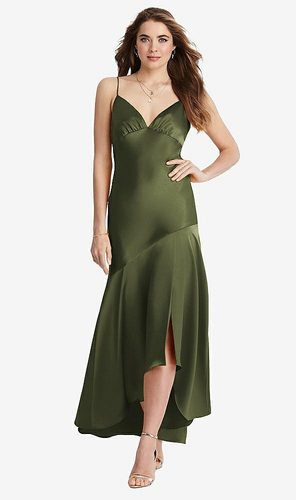 Front View - Olive Green Asymmetrical Drop Waist High-Low Slip Dress - Devon
