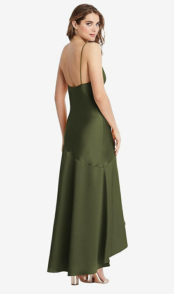 Back View - Olive Green Asymmetrical Drop Waist High-Low Slip Dress - Devon