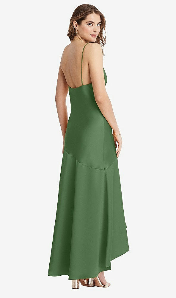 Back View - Vineyard Green Asymmetrical Drop Waist High-Low Slip Dress - Devon