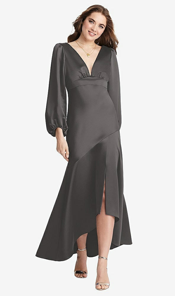 Front View - Caviar Gray Puff Sleeve Asymmetrical Drop Waist High-Low Slip Dress - Teagan