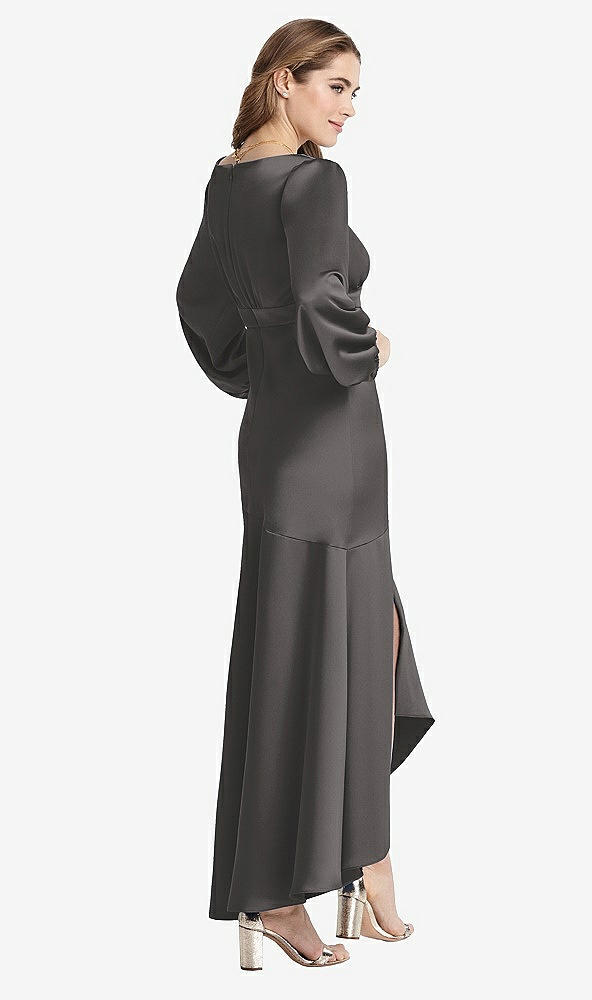 Back View - Caviar Gray Puff Sleeve Asymmetrical Drop Waist High-Low Slip Dress - Teagan
