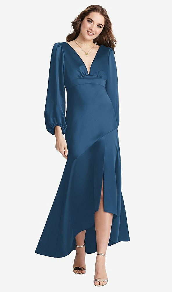 Front View - Dusk Blue Puff Sleeve Asymmetrical Drop Waist High-Low Slip Dress - Teagan