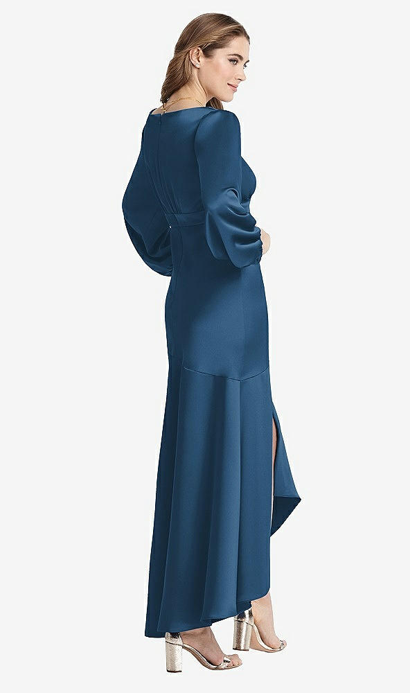 Back View - Dusk Blue Puff Sleeve Asymmetrical Drop Waist High-Low Slip Dress - Teagan