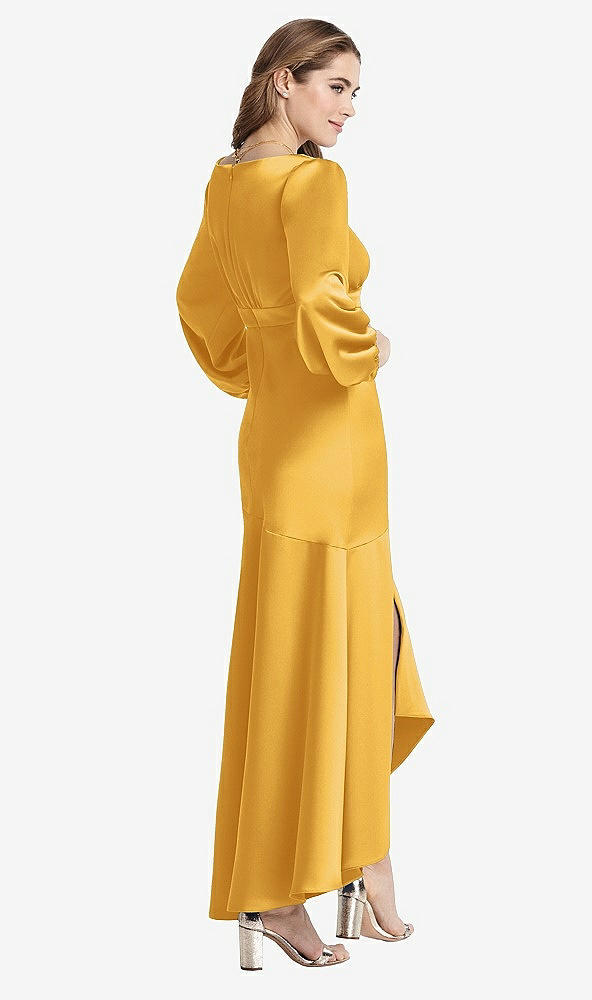 Back View - NYC Yellow Puff Sleeve Asymmetrical Drop Waist High-Low Slip Dress - Teagan