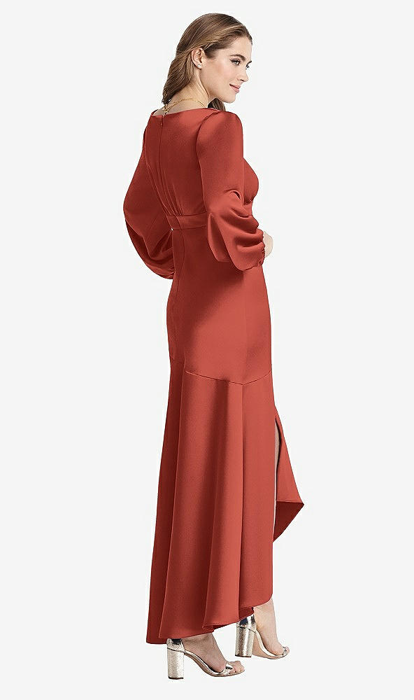 Back View - Amber Sunset Puff Sleeve Asymmetrical Drop Waist High-Low Slip Dress - Teagan
