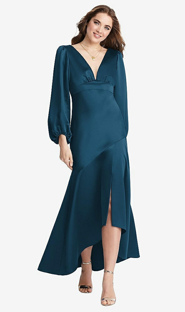 Front View - Atlantic Blue Puff Sleeve Asymmetrical Drop Waist High-Low Slip Dress - Teagan