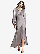 Front View Thumbnail - Cashmere Gray Puff Sleeve Asymmetrical Drop Waist High-Low Slip Dress - Teagan