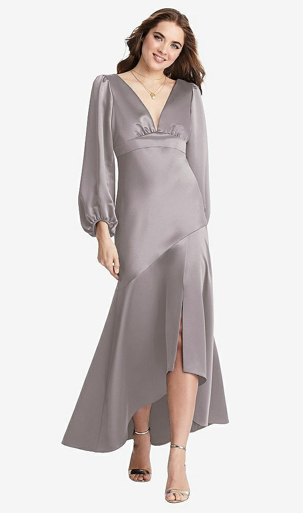 Front View - Cashmere Gray Puff Sleeve Asymmetrical Drop Waist High-Low Slip Dress - Teagan