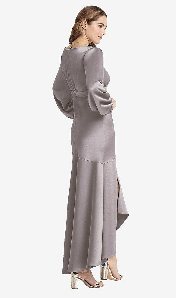 Back View - Cashmere Gray Puff Sleeve Asymmetrical Drop Waist High-Low Slip Dress - Teagan