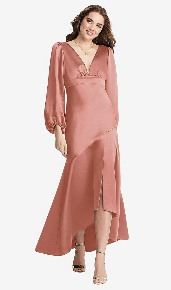 Front View - Desert Rose Puff Sleeve Asymmetrical Drop Waist High-Low Slip Dress - Teagan