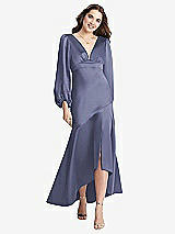 Front View Thumbnail - French Blue Puff Sleeve Asymmetrical Drop Waist High-Low Slip Dress - Teagan