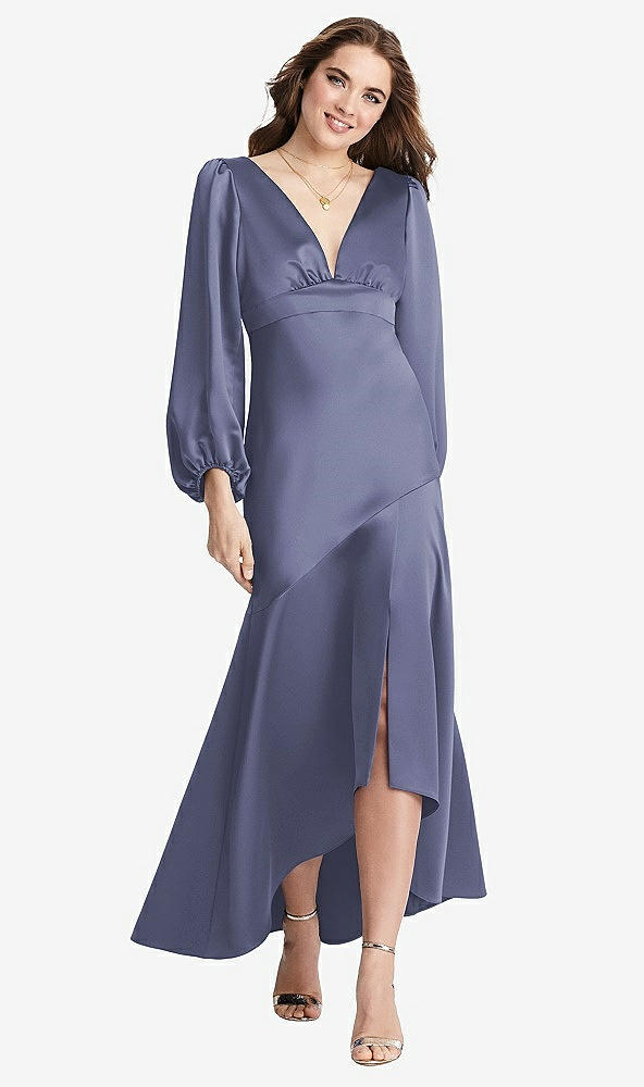 Front View - French Blue Puff Sleeve Asymmetrical Drop Waist High-Low Slip Dress - Teagan