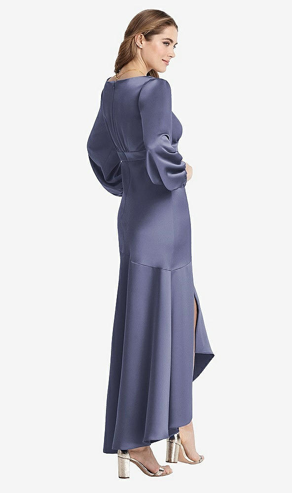 Back View - French Blue Puff Sleeve Asymmetrical Drop Waist High-Low Slip Dress - Teagan
