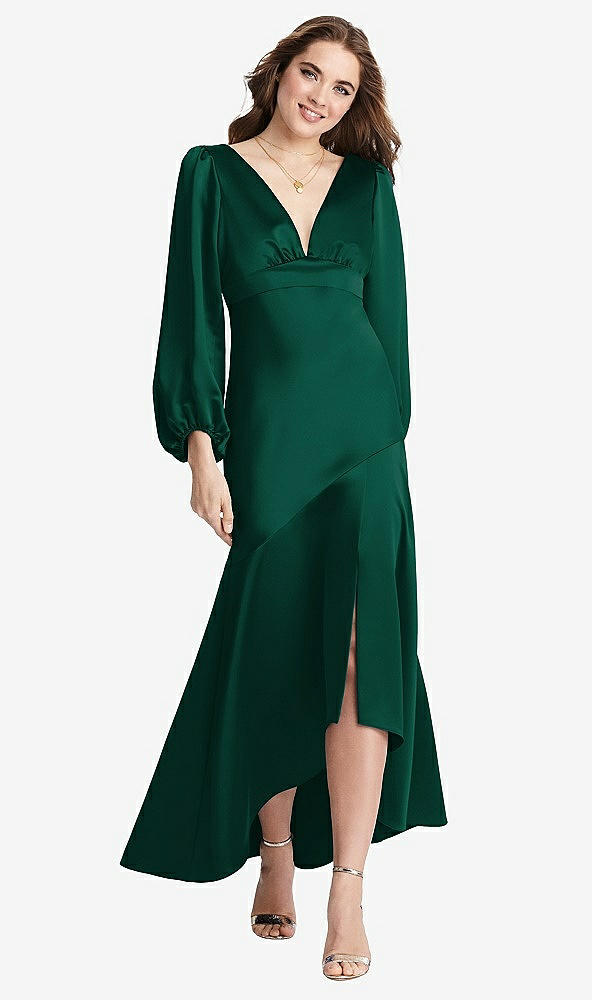Front View - Hunter Green Puff Sleeve Asymmetrical Drop Waist High-Low Slip Dress - Teagan