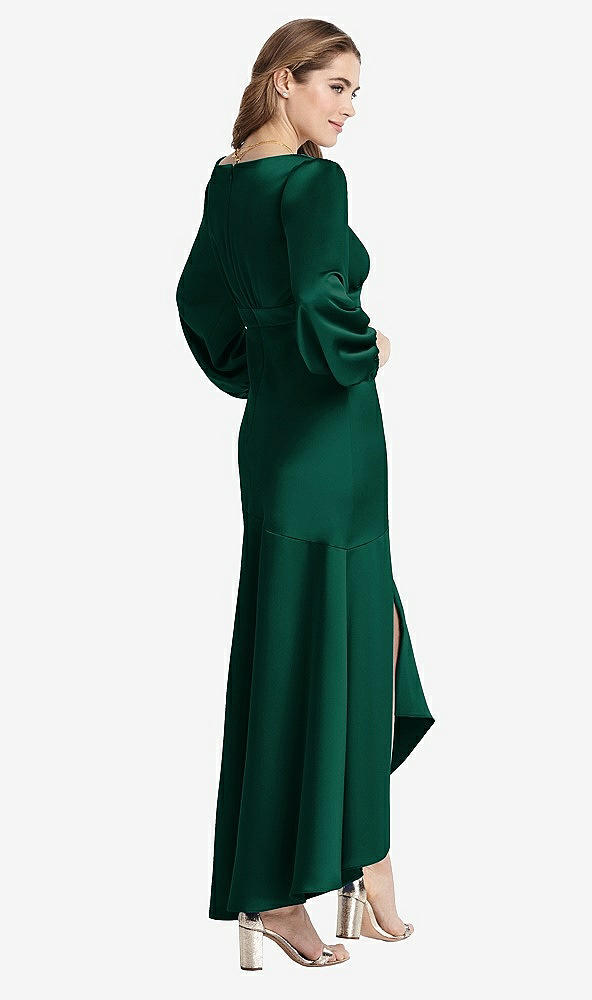 Back View - Hunter Green Puff Sleeve Asymmetrical Drop Waist High-Low Slip Dress - Teagan