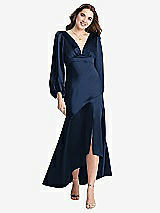 Front View Thumbnail - Midnight Navy Puff Sleeve Asymmetrical Drop Waist High-Low Slip Dress - Teagan