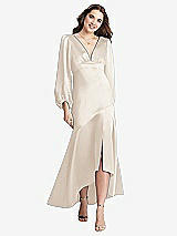 Front View Thumbnail - Oat Puff Sleeve Asymmetrical Drop Waist High-Low Slip Dress - Teagan