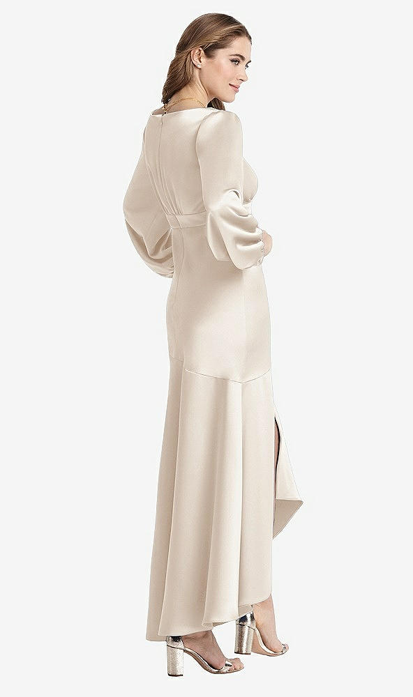 Back View - Oat Puff Sleeve Asymmetrical Drop Waist High-Low Slip Dress - Teagan