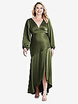 Alt View 1 Thumbnail - Olive Green Puff Sleeve Asymmetrical Drop Waist High-Low Slip Dress - Teagan