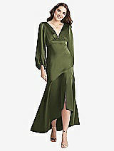 Front View Thumbnail - Olive Green Puff Sleeve Asymmetrical Drop Waist High-Low Slip Dress - Teagan