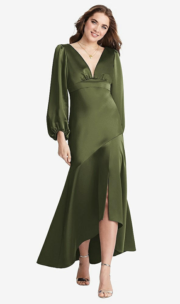 Front View - Olive Green Puff Sleeve Asymmetrical Drop Waist High-Low Slip Dress - Teagan