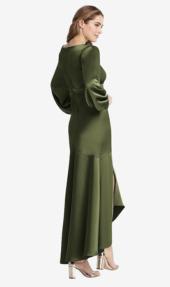 Back View - Olive Green Puff Sleeve Asymmetrical Drop Waist High-Low Slip Dress - Teagan