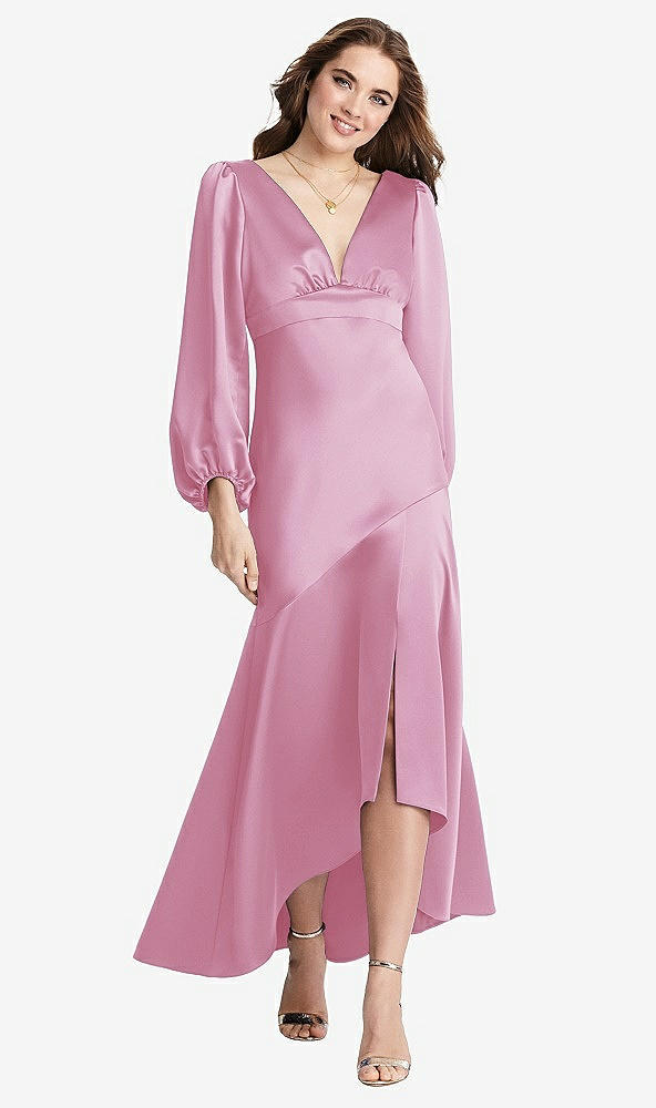Front View - Powder Pink Puff Sleeve Asymmetrical Drop Waist High-Low Slip Dress - Teagan