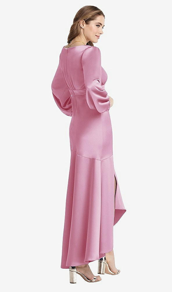 Back View - Powder Pink Puff Sleeve Asymmetrical Drop Waist High-Low Slip Dress - Teagan