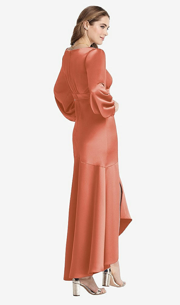 Back View - Terracotta Copper Puff Sleeve Asymmetrical Drop Waist High-Low Slip Dress - Teagan