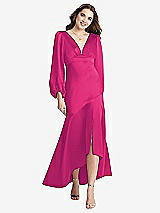 Front View Thumbnail - Think Pink Puff Sleeve Asymmetrical Drop Waist High-Low Slip Dress - Teagan