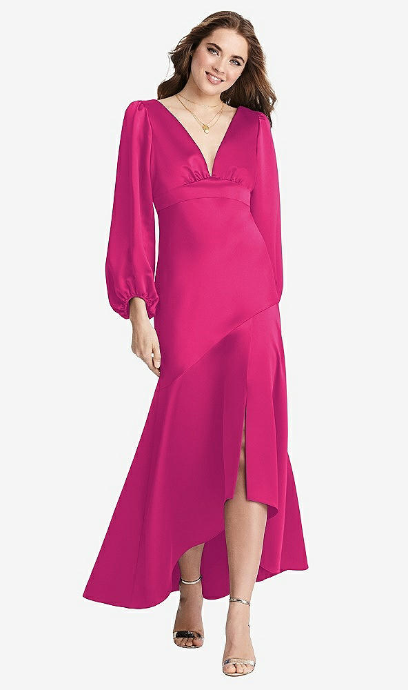 Front View - Think Pink Puff Sleeve Asymmetrical Drop Waist High-Low Slip Dress - Teagan