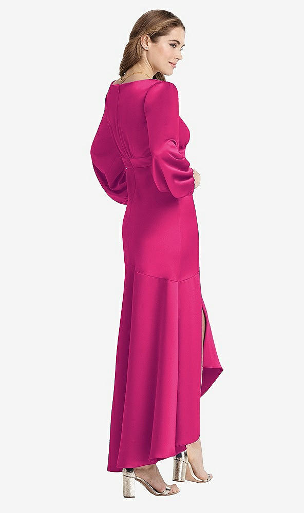 Back View - Think Pink Puff Sleeve Asymmetrical Drop Waist High-Low Slip Dress - Teagan