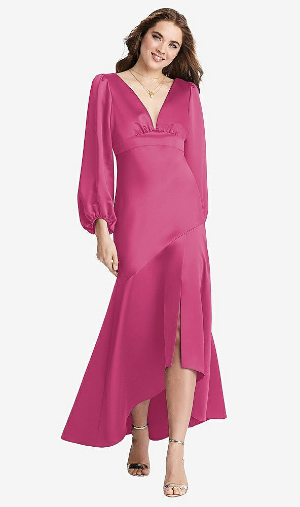Front View - Tea Rose Puff Sleeve Asymmetrical Drop Waist High-Low Slip Dress - Teagan