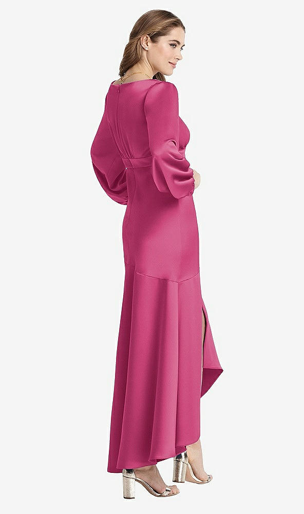 Back View - Tea Rose Puff Sleeve Asymmetrical Drop Waist High-Low Slip Dress - Teagan