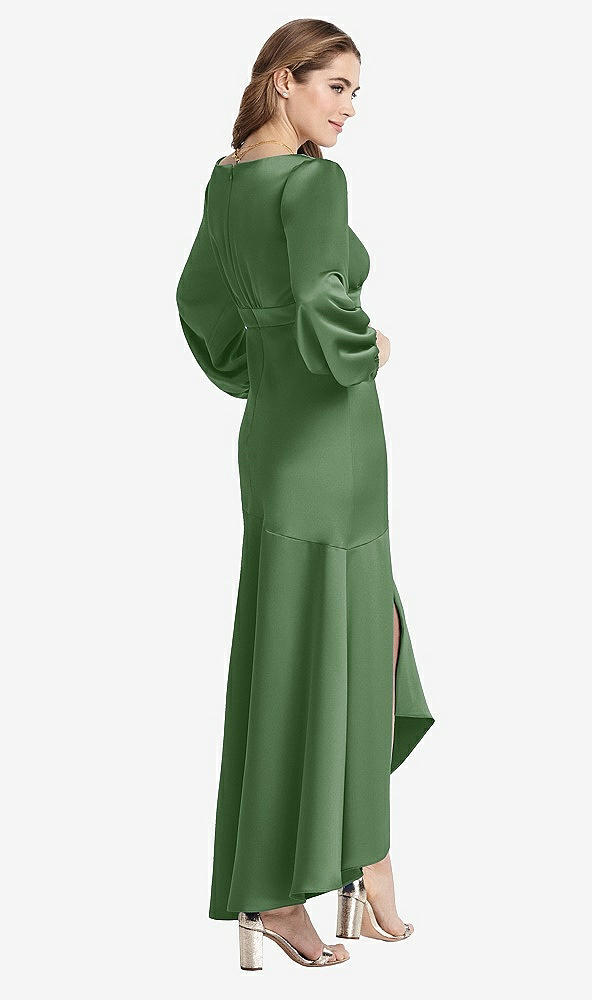 Back View - Vineyard Green Puff Sleeve Asymmetrical Drop Waist High-Low Slip Dress - Teagan