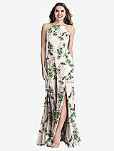 Front View Thumbnail - Palm Beach Print High Neck Chiffon Maxi Dress with Front Slit - Lela