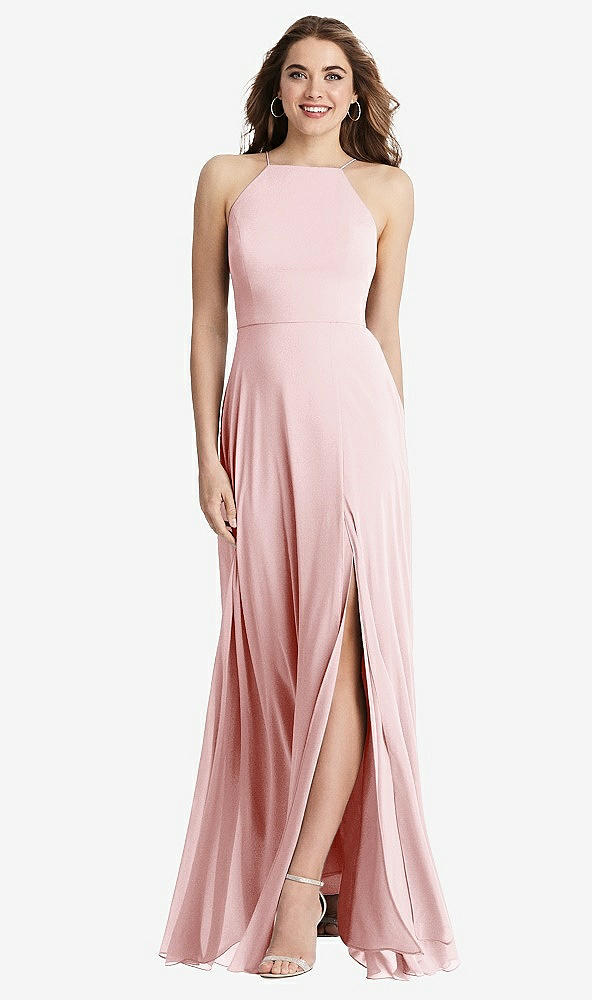 Front View - Ballet Pink High Neck Chiffon Maxi Dress with Front Slit - Lela