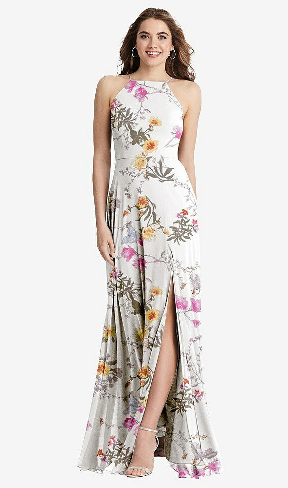Front View - Butterfly Botanica Ivory High Neck Chiffon Maxi Dress with Front Slit - Lela