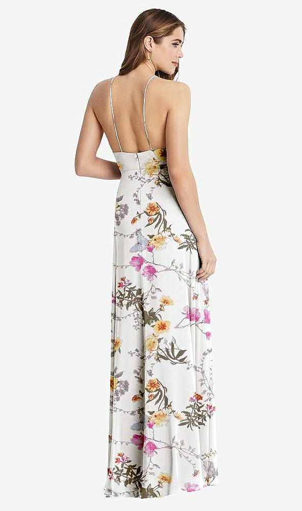 Back View - Butterfly Botanica Ivory High Neck Chiffon Maxi Dress with Front Slit - Lela