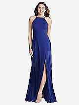 Front View Thumbnail - Cobalt Blue High Neck Chiffon Maxi Dress with Front Slit - Lela