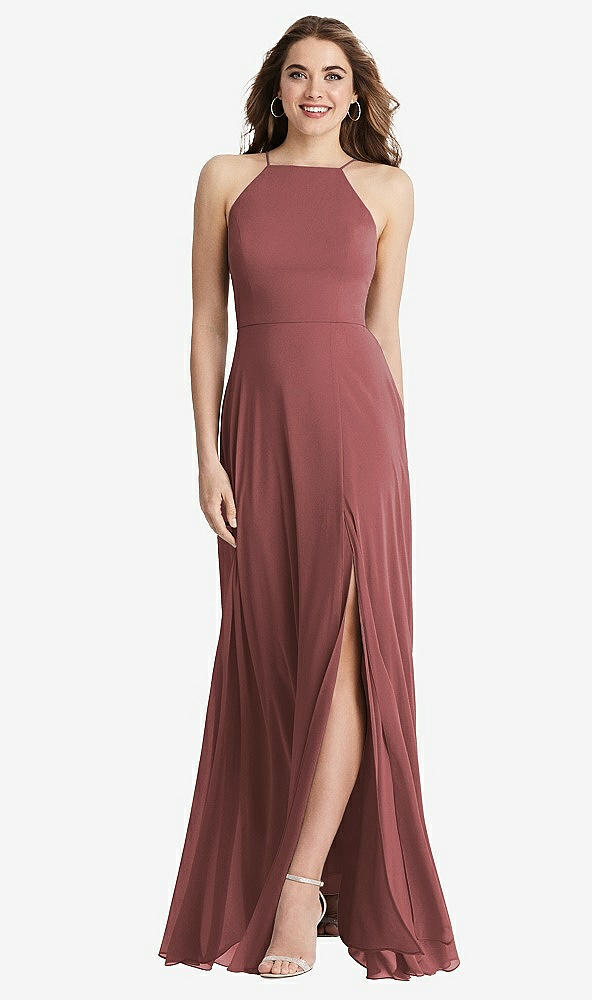Front View - English Rose High Neck Chiffon Maxi Dress with Front Slit - Lela