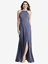 Front View Thumbnail - French Blue High Neck Chiffon Maxi Dress with Front Slit - Lela
