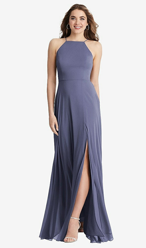 Front View - French Blue High Neck Chiffon Maxi Dress with Front Slit - Lela