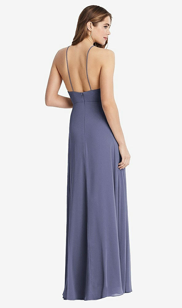 Back View - French Blue High Neck Chiffon Maxi Dress with Front Slit - Lela