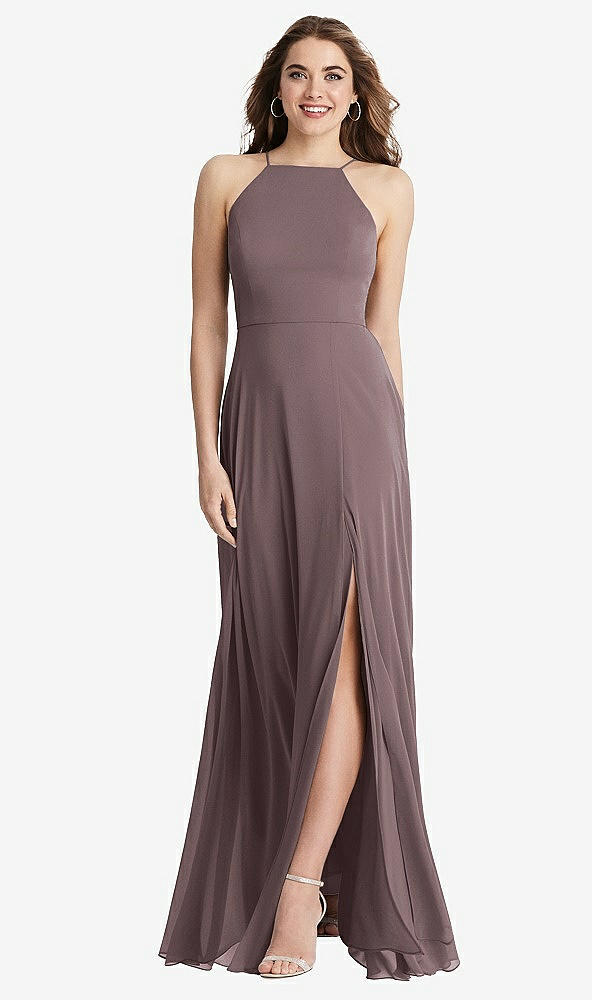 Front View - French Truffle High Neck Chiffon Maxi Dress with Front Slit - Lela