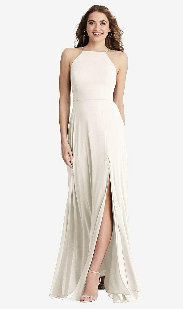 Front View - Ivory High Neck Chiffon Maxi Dress with Front Slit - Lela