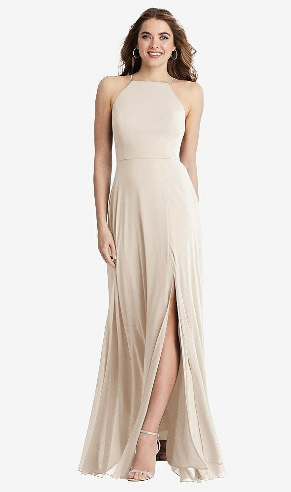 Front View - Oat High Neck Chiffon Maxi Dress with Front Slit - Lela